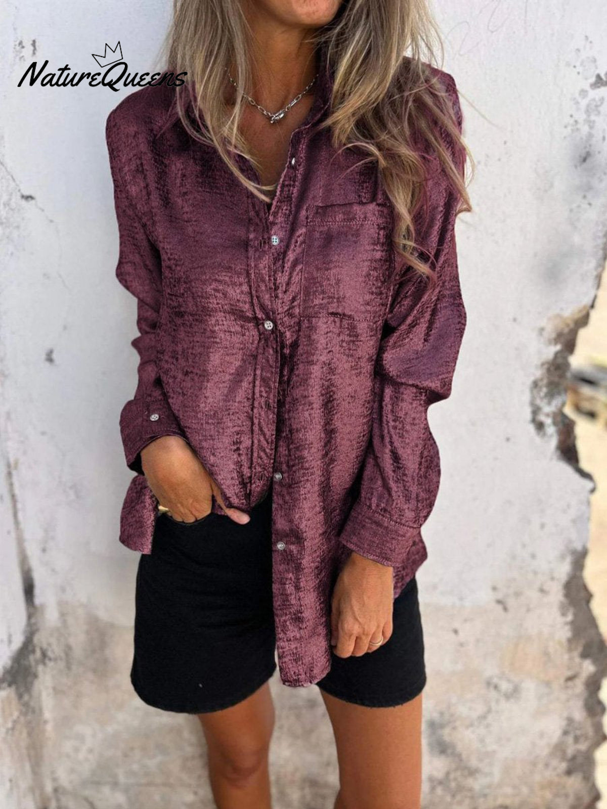 Casual Suede Lapel Neck Button Down Shirt Burgundy / S