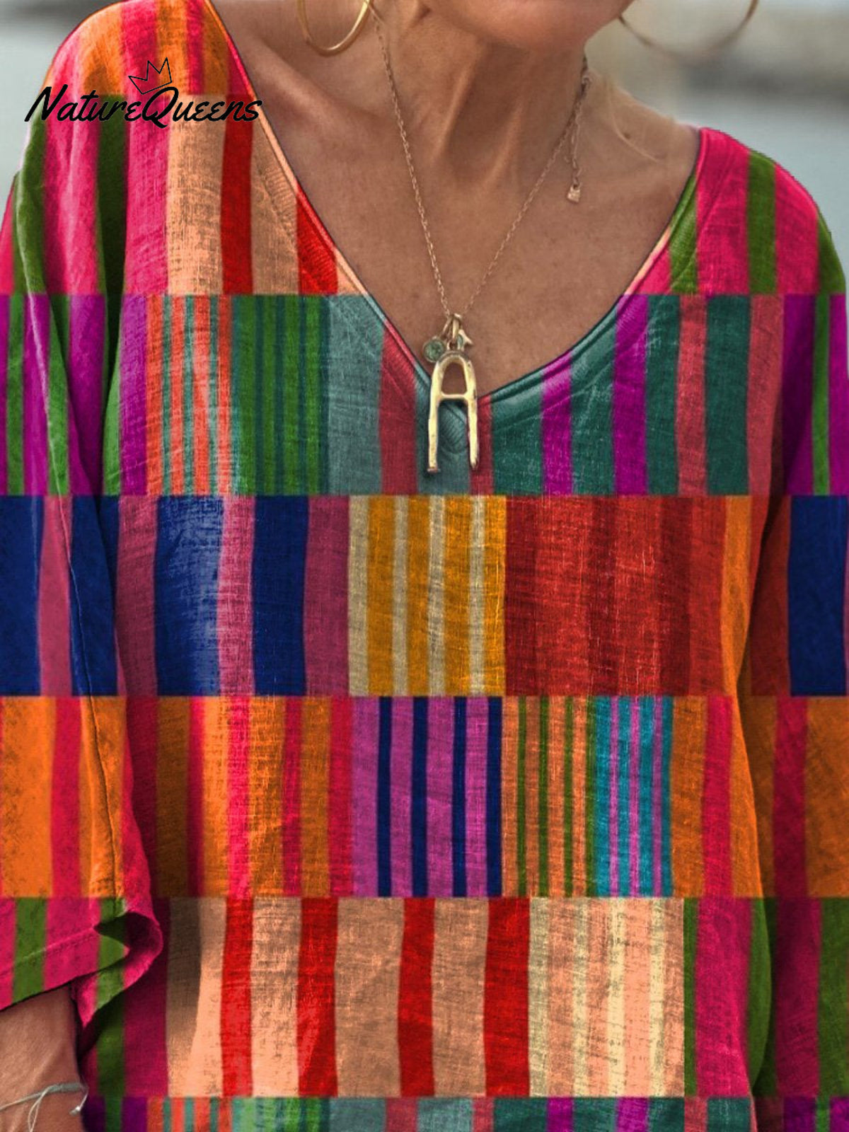 Modern Colorful Geometric Pattern Printed Women's Casual V-Neck Long Sleeve Comfortable Cotton T-Shirt