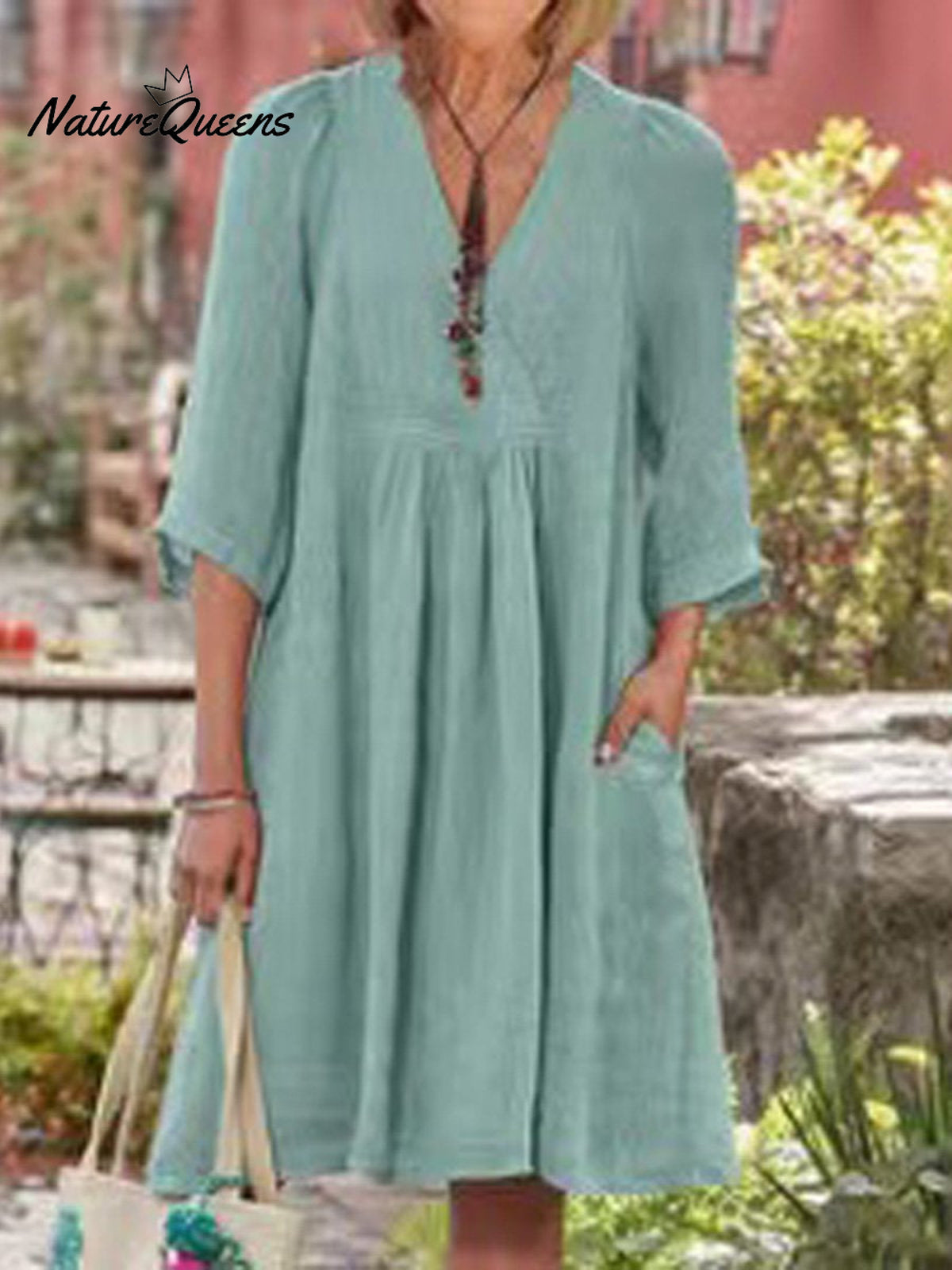 Women's Cotton and Linen Solid Color Seven-Quarter Sleeve Midi Dress
