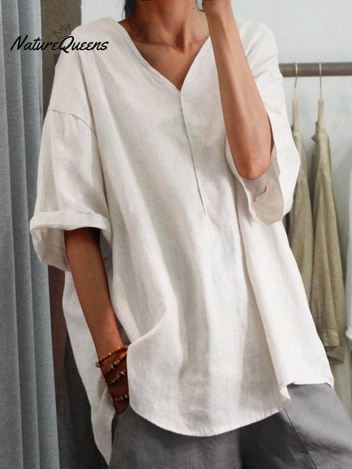 Women's V-neck Casual Cotton And Linen Shirt