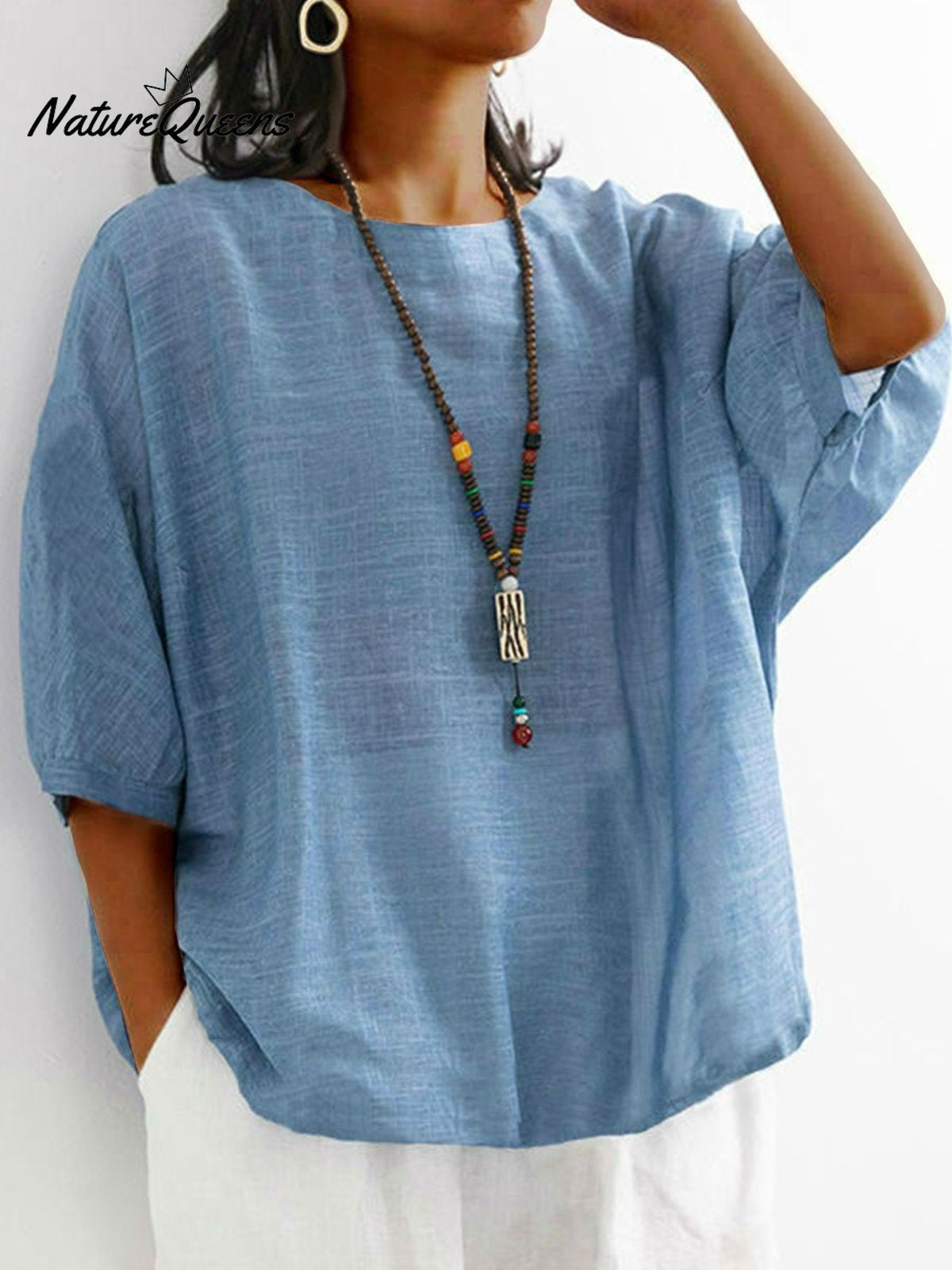Women Solid Color Loose T-Shirt Blue / M