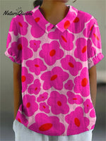 Vibrant Pink Floral Pattern Printed Women's Casual Cotton And Linen Shirt
