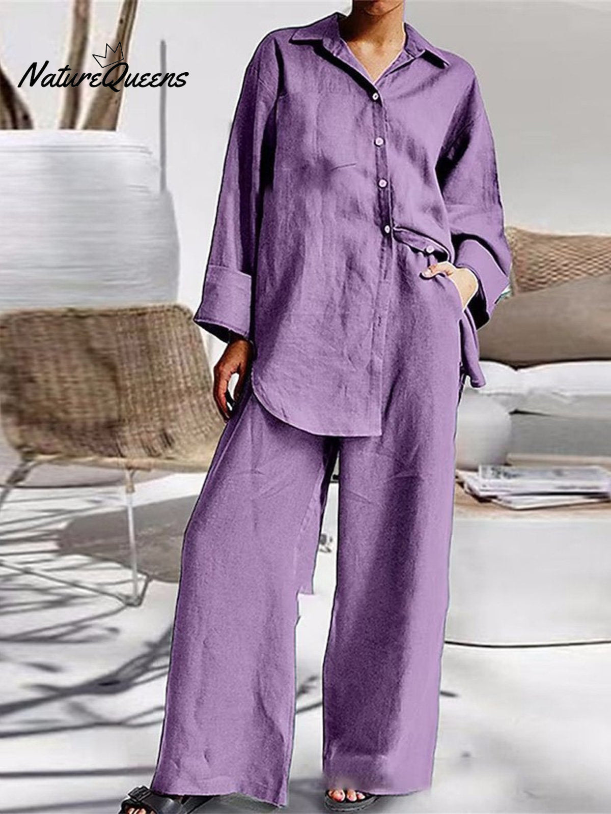 Women’s Nine - Quarter Sleeve Shirt And Trousers Two - Piece Suit Purple / S