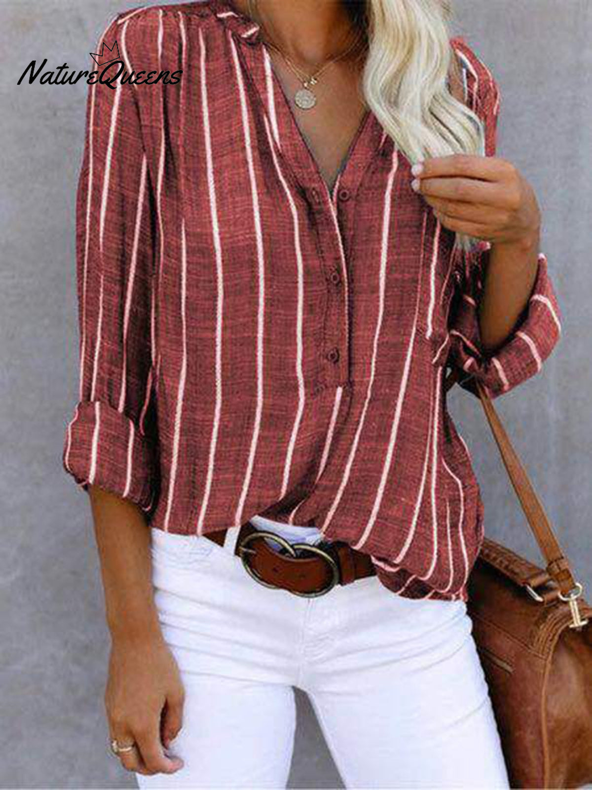 Women‘s Long Sleeve Blouse Ladies Fashion V - Neck Stripe Shirt Red / S