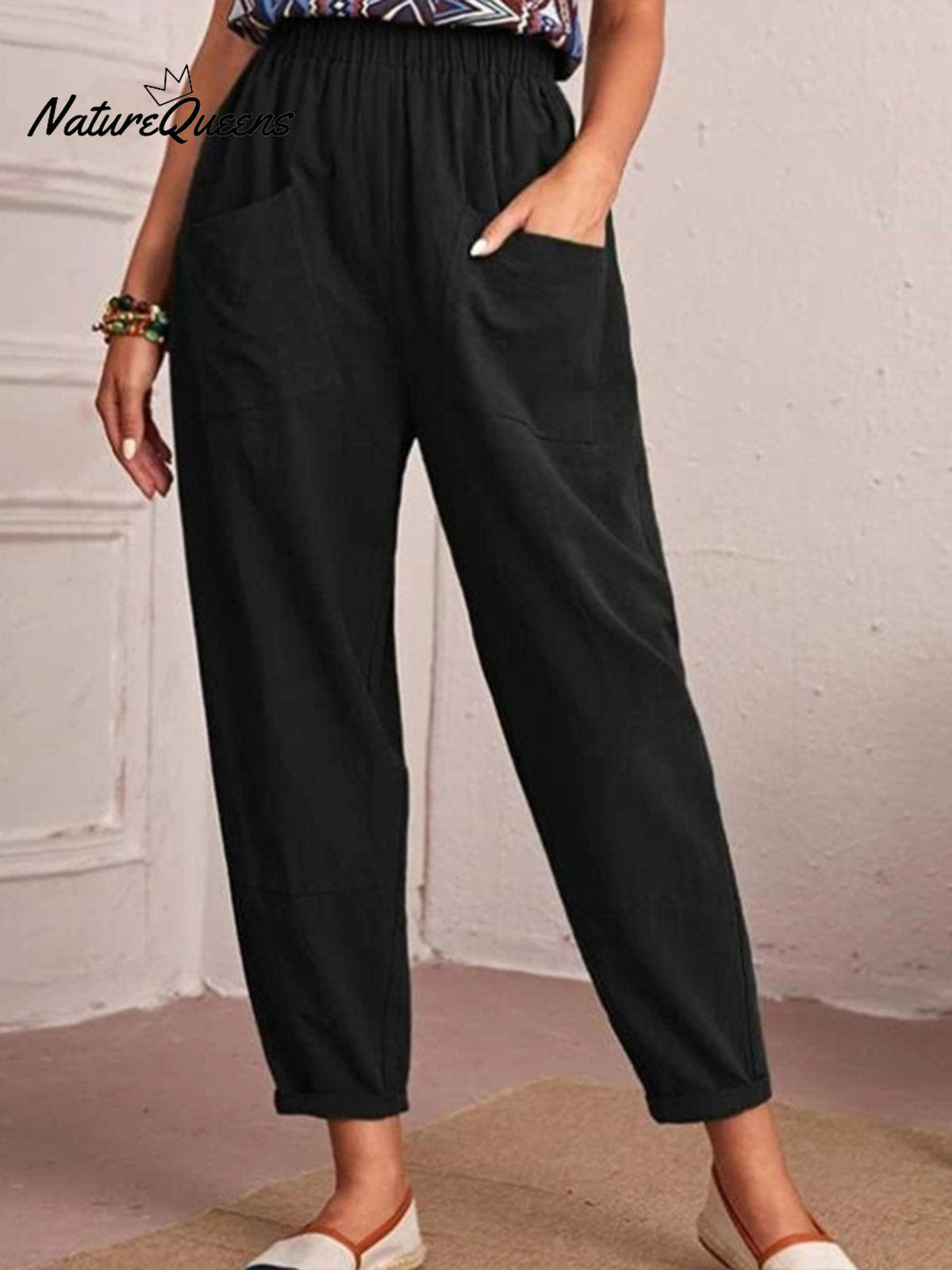 Cotton And Linen Elastic Waist Pocket Tapered Pants Black / S