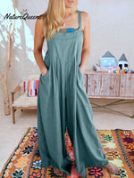 Women’s Solid Color Loose Elegant Casual Cotton Linen Suspender Jumpsuit Blue / S