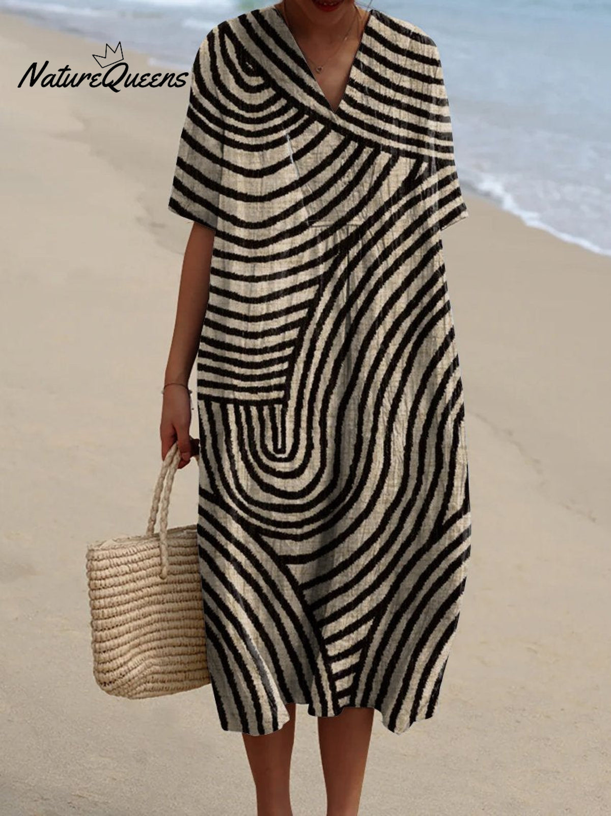 Women's Geometric Hand Drawn Circle Line Pattern Print Flowy Dress