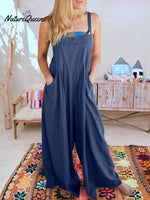 Women’s Solid Color Loose Elegant Casual Cotton Linen Suspender Jumpsuit Navy / S