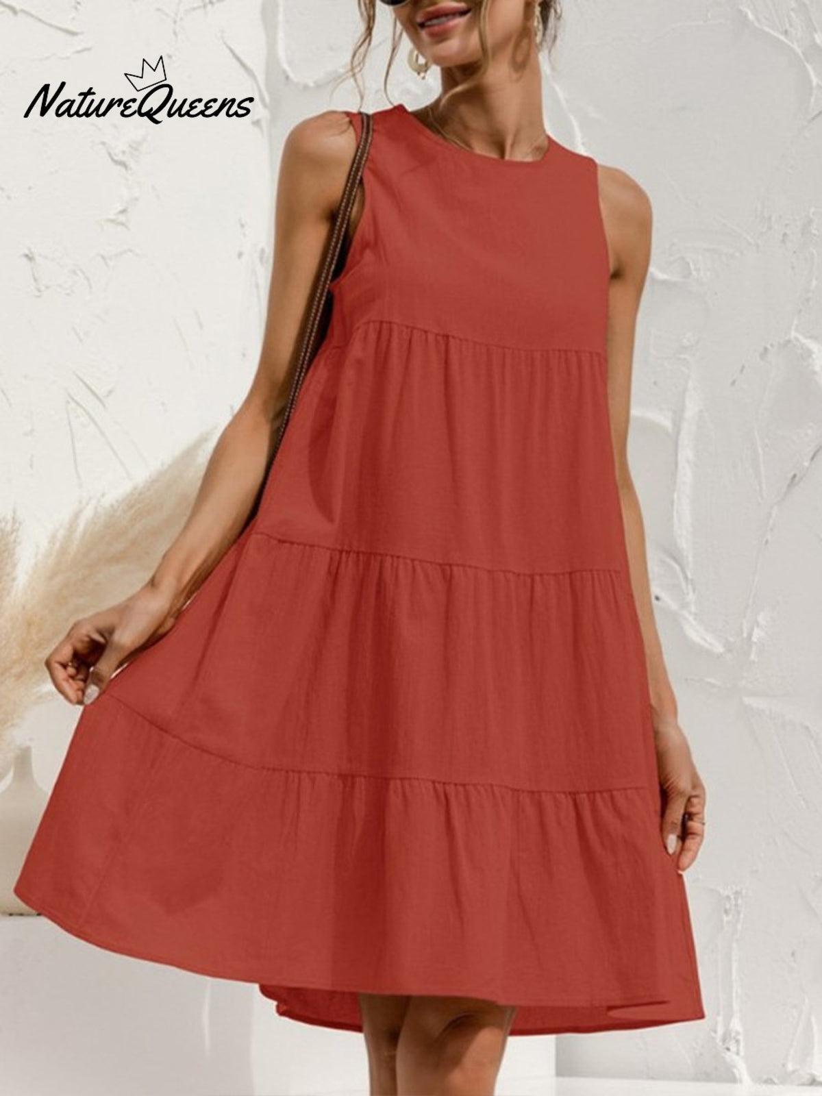 Cotton And Linen Sleeveless Crewneck Dress Red / S