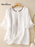 Loose Casual Embroidered Ruffle Sleeve Patchwork Shirt