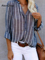 Women‘s Long Sleeve Blouse Ladies Fashion V - Neck Stripe Shirt Blue / S