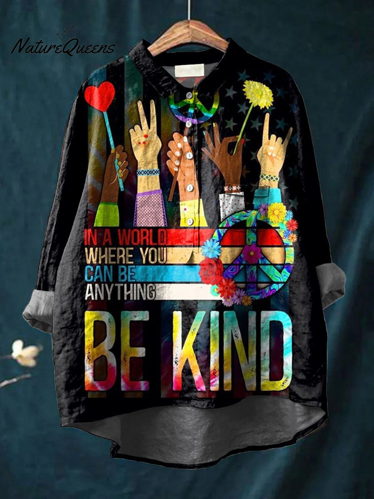 In A World Where You Can Be Anything Be Kind Peace And Love Art Print Casual Cotton And Linen Shirt