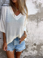 Women's Solid Color Stylish Hollow Long-sleeved V-neck Casual Knitted Top