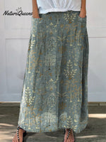 Woodland Vegetation Pattern Printed Women’s Linen Elastic Waistband Pocket Skirt
