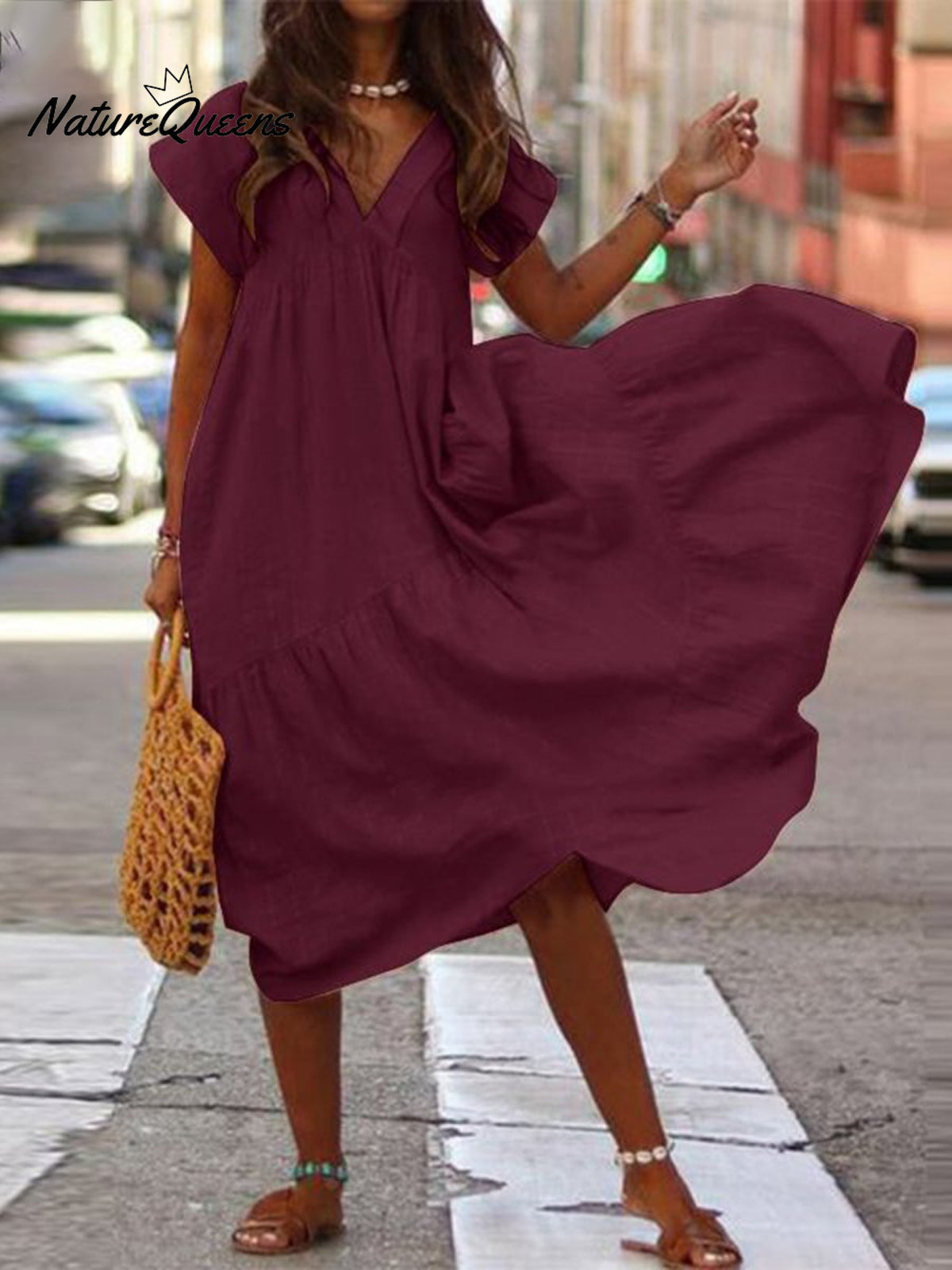 Temperament Cotton And Linen Loose V - Neck Women’s Dress Red / S