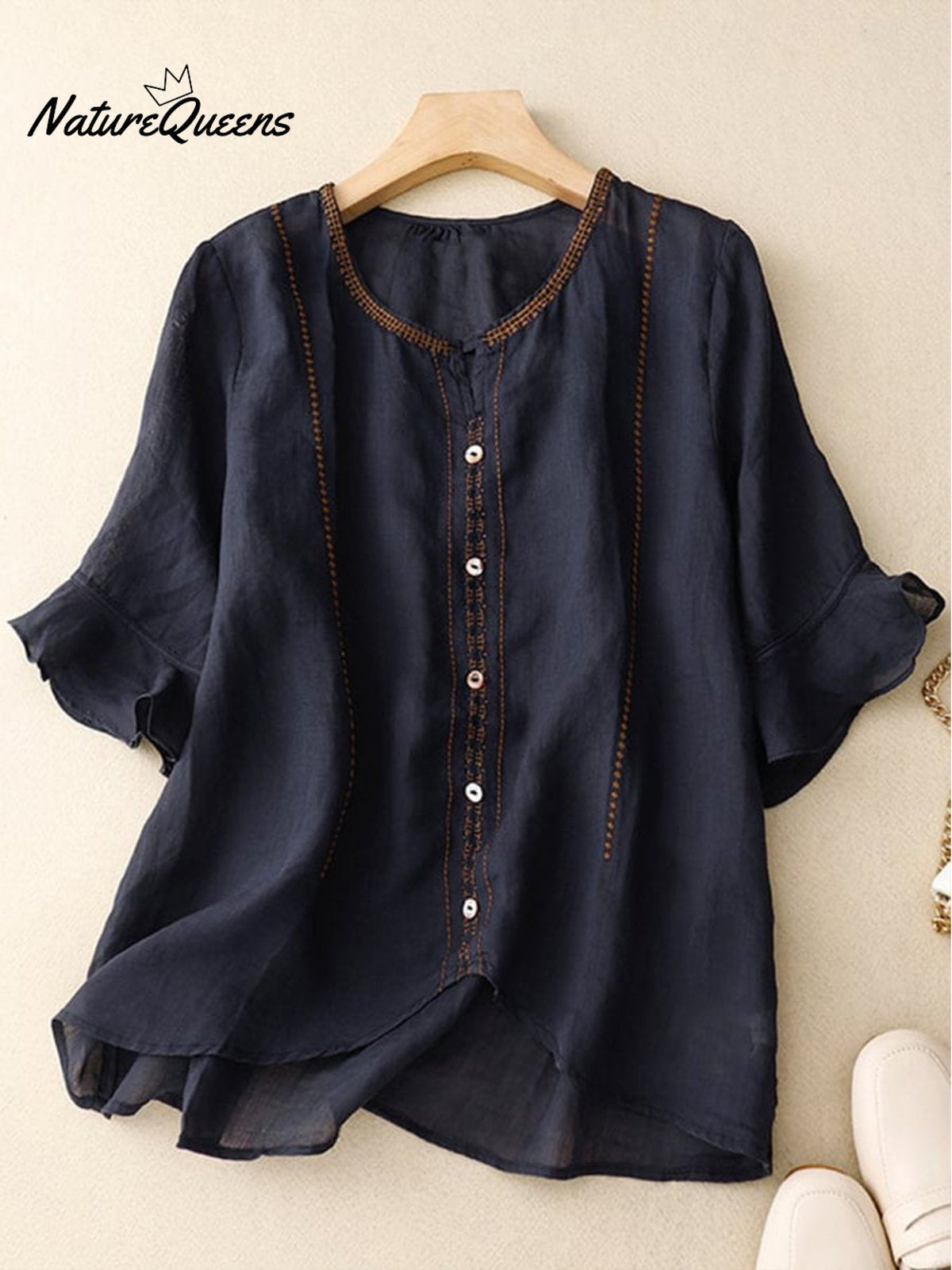 Loose Casual Embroidered Ruffle Sleeve Patchwork Shirt