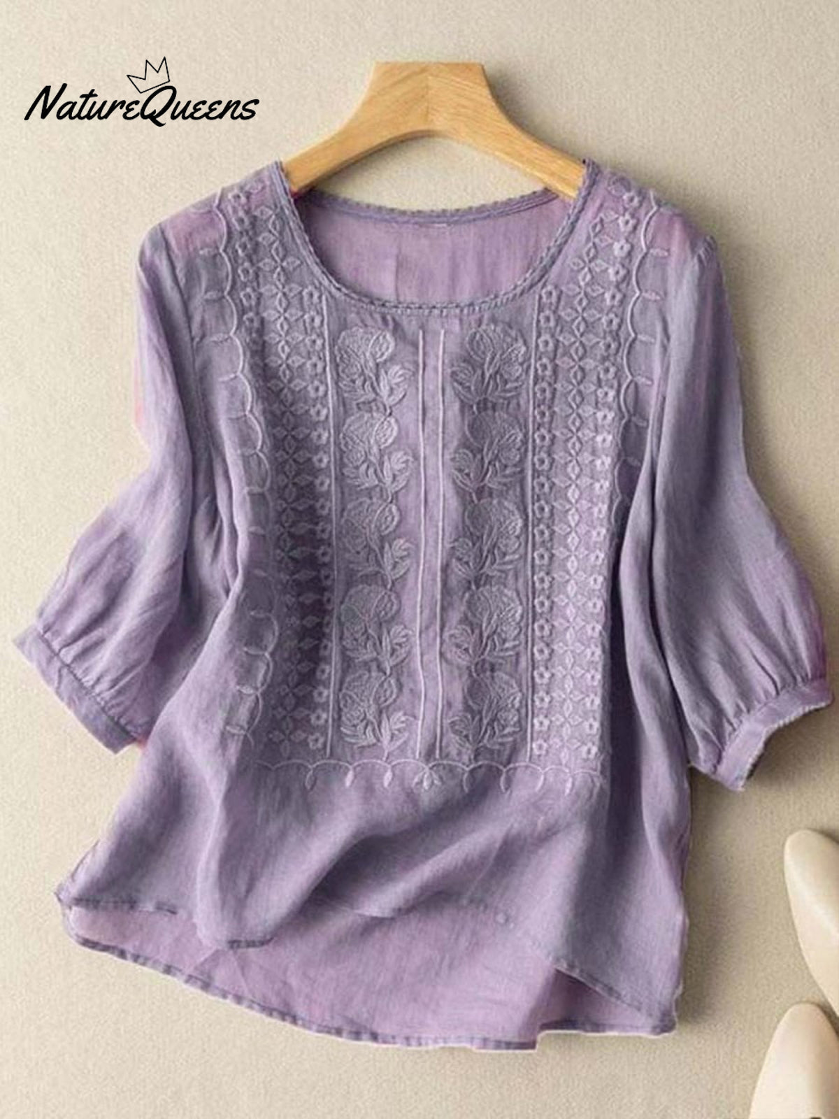 Women's Embroidered Cotton And Linen Lace Patchwork Shirt