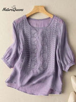 Women's Embroidered Cotton And Linen Lace Patchwork Shirt