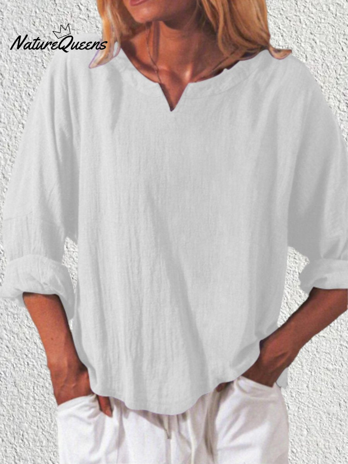 Women’s Casual Solid Colour Cotton And Linen Loose Long Sleeve V - Neck Shirt White / S