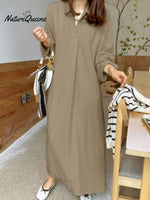 Cotton And Linen Solid Colour Lapel Collar Long Sleeve Casual Dress Khaki / S