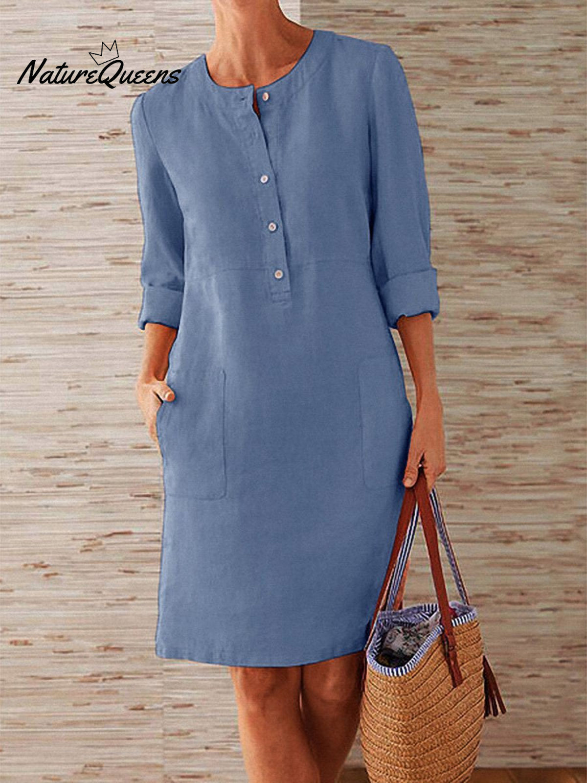 Spring Cotton And Linen Round Neck Long Sleeve Dress Blue / S