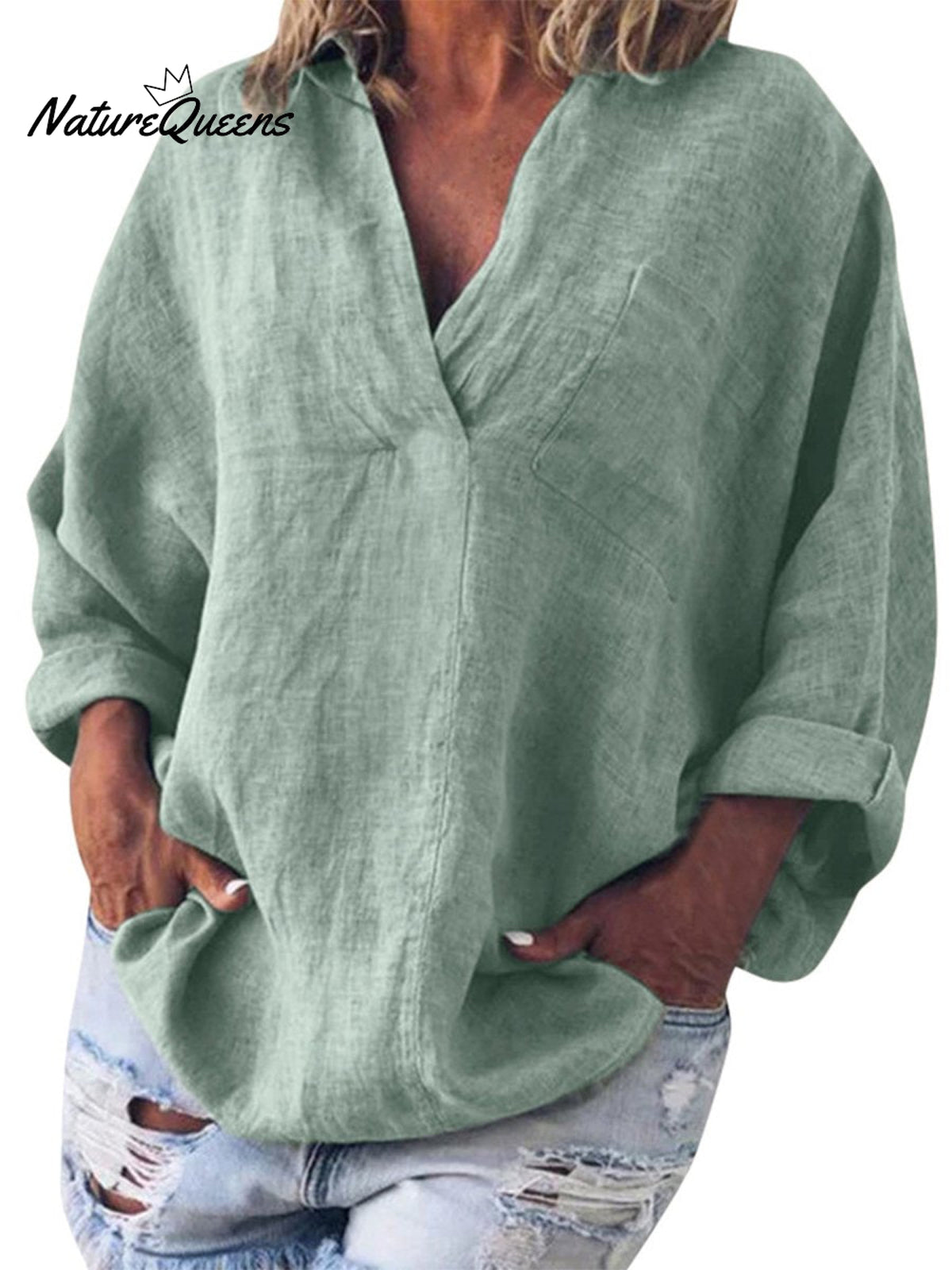 Women's Cotton and Linen V-neck Long-sleeved Pullover Top