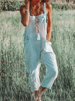 Women's Casual Cotton And Linen Stripe Pattern Printed Jumpsuit