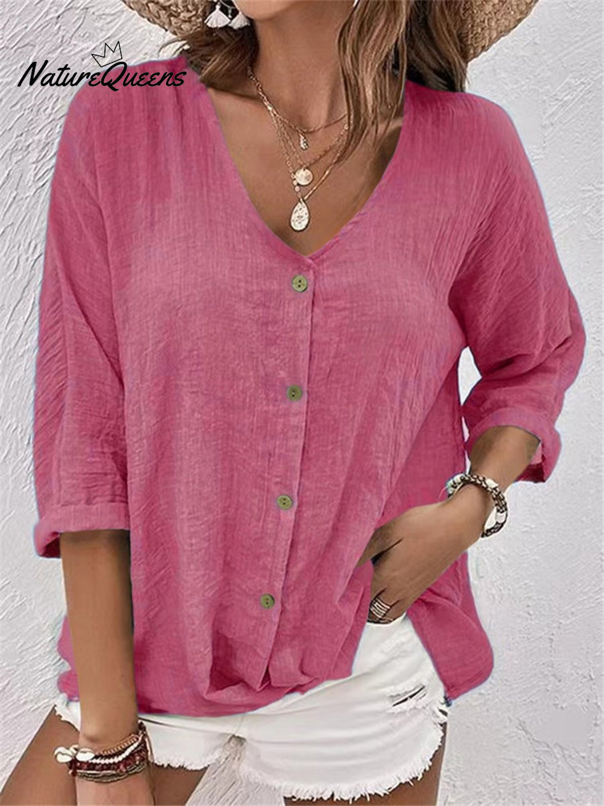 Casual V - Neck Pullover Short - Sleeved Blouse Pink / S