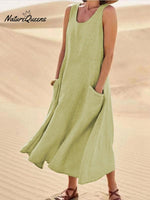 Women Sleeveless Sundress Elegant Round Neck Cotton Linen Solid Long Tank Casual Summer Dress Light