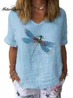 Women’s Dragonfly Art Print Cotton & Linen Casual Top Light Blue / S