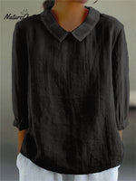 Women’s Solid Color Casual Cotton And Linen 3/4 Sleeve Shirt Black / S