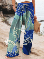 Women's Hand Painted Dark Blue Ocean Art Print Casual Cotton Shirt