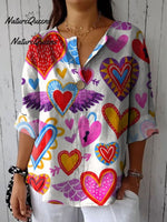 Heart Art Printed Women's Casual Cotton And Linen Shirt