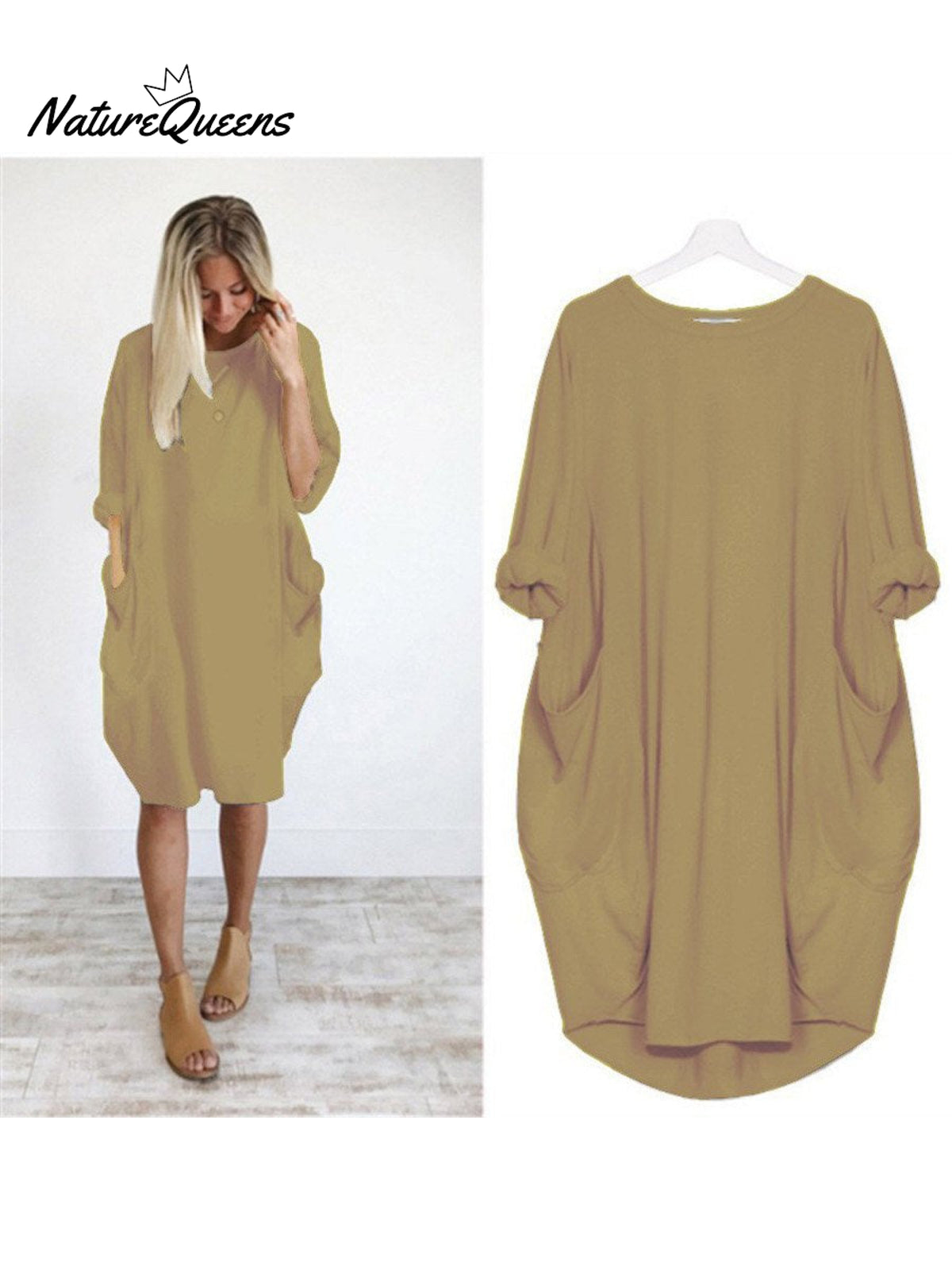 Women’s Solid Color Loose Elegant Casual Long - Sleeved Pocket Dress Khaki / S