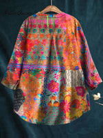 Women's Vintage Flower Art Print Casual Cotton And Linen Shirt