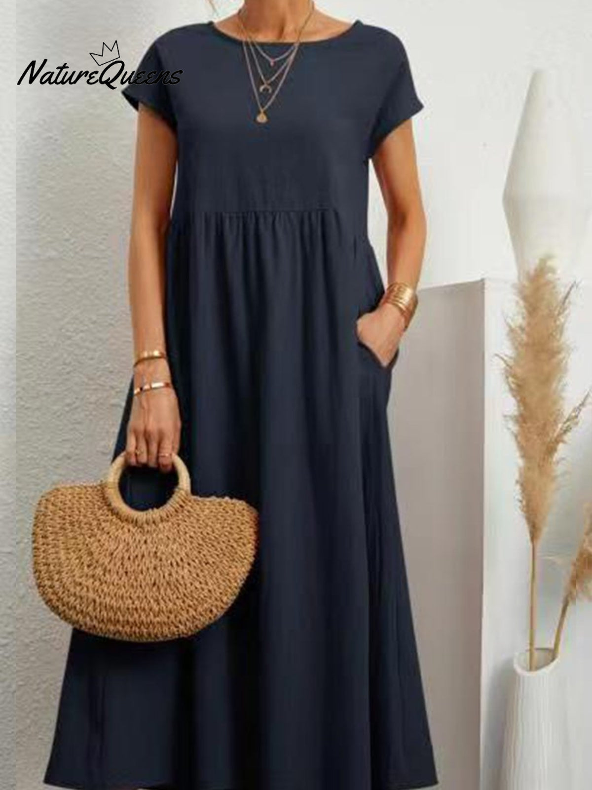 Women’s Solid Color Cotton Linen Round Neck A - Line Dress Dark Blue / S