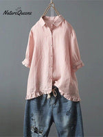 Women's Cotton and Linen Casual Single-Row Button Ruffle Shirt