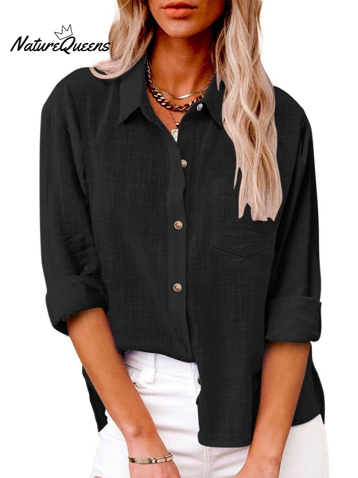 Women's Slit Cotton and Linen Long-sleeved Shirt