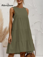 Cotton And Linen Sleeveless Crewneck Dress Green / S