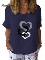 Women’s Love Art Print Cotton & Linen Casual Top Dark Blue / S