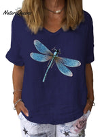 Women’s Dragonfly Art Print Cotton & Linen Casual Top Dark Blue / S