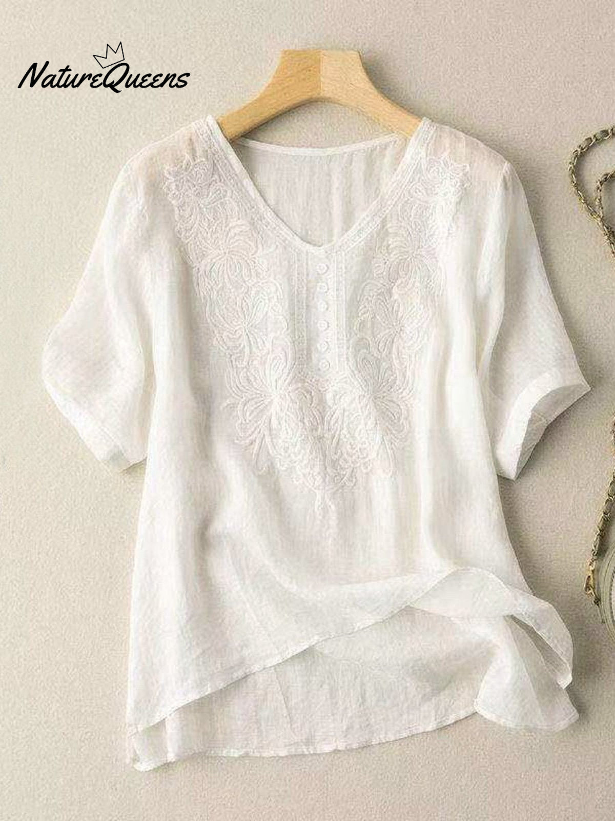 Women's Cotton And Linen Short Sleeve Embroidery Blouse