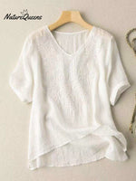 Women's Cotton And Linen Short Sleeve Embroidery Blouse