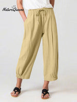 Women’s Slacks With Cotton And Linen Drawstring Pockets Khaki / S