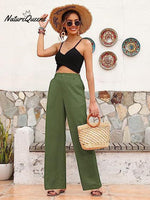 Women’s Linen High Waist Straight Wide Leg Summer Beach Pants Armygreen / S