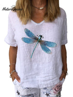 Women’s Dragonfly Art Print Cotton & Linen Casual Top White / S