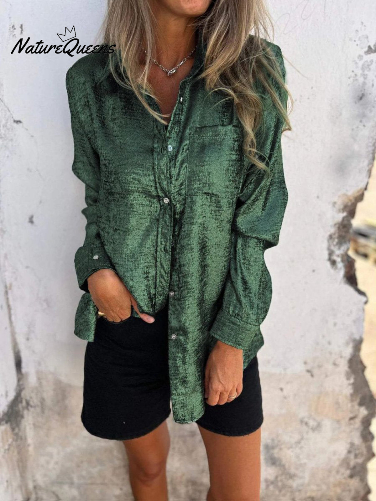 Casual Suede Lapel Neck Button Down Shirt Green / S
