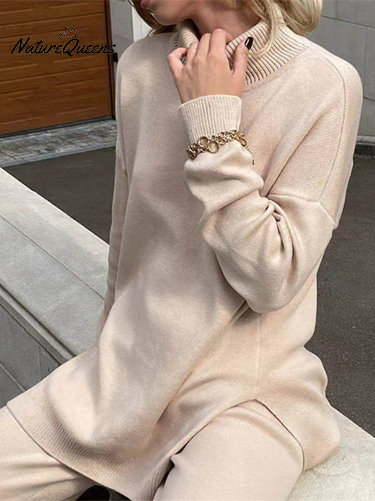 Women's Solid Color Stylish Long-sleeved Loose turtleneck Warm Casual Knitted Sweater
