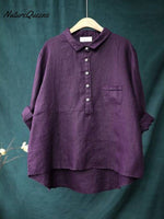 Women’s Lapel Neck Casual Solid Colour Cotton And Linen Long Sleeve Shirt Purple / M
