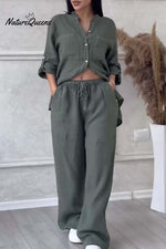 Casual solid color cotton and linen pants two-piece set